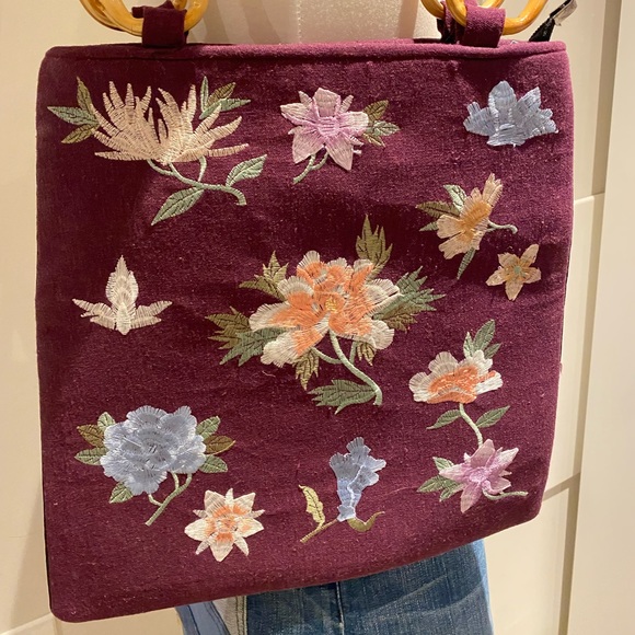 Vintage Floral Purple Bamboo Handle Purse - Picture 3 of 5